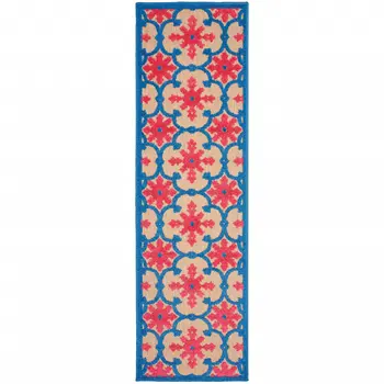 2' X 8' Blue and Beige Oriental Stain Resistant Indoor Outdoor Area Rug