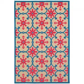 4' X 5' Blue and Beige Oriental Stain Resistant Indoor Outdoor Area Rug