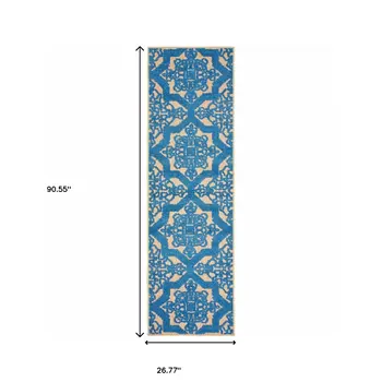 2' X 8' Blue and Beige Oriental Stain Resistant Indoor Outdoor Area Rug
