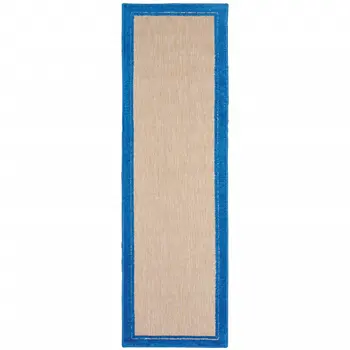 2' X 8' Blue and Beige Stain Resistant Indoor Outdoor Area Rug