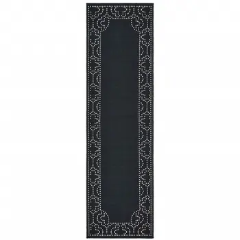 2' X 8' Black and Ivory Stain Resistant Indoor Outdoor Area Rug