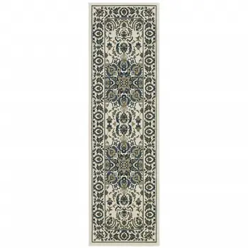 2' X 8' Ivory and Blue Oriental Stain Resistant Indoor Outdoor Area Rug