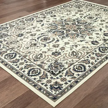 7' X 10' Ivory and Blue Oriental Stain Resistant Indoor Outdoor Area Rug