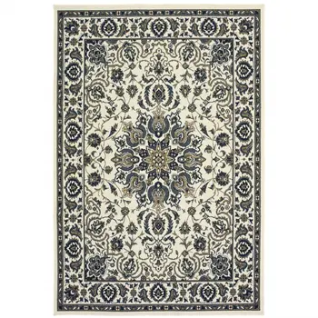 8' X 11' Ivory and Blue Oriental Stain Resistant Indoor Outdoor Area Rug