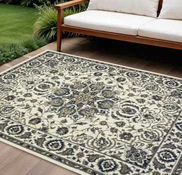 9' X 13' Ivory And Blue Oriental Indoor Outdoor Area Rug