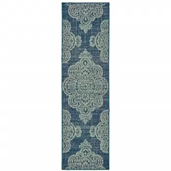 2' X 8' Blue Oriental Stain Resistant Indoor Outdoor Area Rug