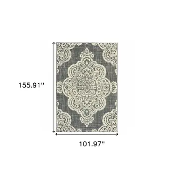 9' X 13' Gray and Ivory Oriental Stain Resistant Indoor Outdoor Area Rug