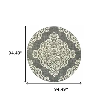 8' X 8' Gray and Ivory Round Oriental Stain Resistant Indoor Outdoor Area Rug