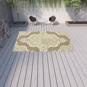 9' X 13' Tan Oriental Stain Resistant Indoor Outdoor Area Rug