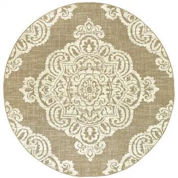8' X 8' Tan Round Oriental Stain Resistant Indoor Outdoor Area Rug