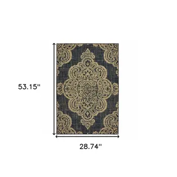 2' X 4' Black and Tan Oriental Stain Resistant Indoor Outdoor Area Rug
