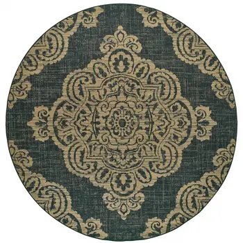 8' X 8' Black and Tan Round Oriental Stain Resistant Indoor Outdoor Area Rug