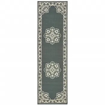 2' X 8' Gray and Ivory Oriental Stain Resistant Indoor Outdoor Area Rug