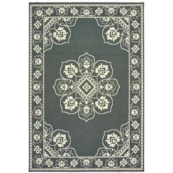 2' X 4' Gray and Ivory Oriental Stain Resistant Indoor Outdoor Area Rug