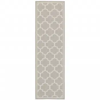2' X 7' Gray and Ivory Geometric Stain Resistant Indoor Outdoor Area Rug