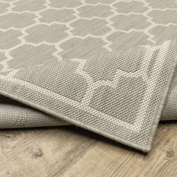2' X 7' Gray and Ivory Geometric Stain Resistant Indoor Outdoor Area Rug