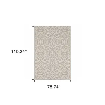 7' X 9' Gray and Ivory Floral Stain Resistant Indoor Outdoor Area Rug