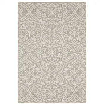 8' X 10' Gray and Ivory Floral Stain Resistant Indoor Outdoor Area Rug