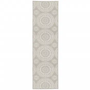 2' X 7' Gray and Ivory Geometric Stain Resistant Indoor Outdoor Area Rug