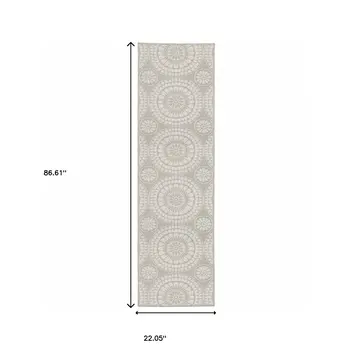 2' X 7' Gray and Ivory Geometric Stain Resistant Indoor Outdoor Area Rug