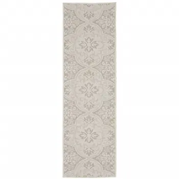 2' X 7' Gray and Ivory Floral Stain Resistant Indoor Outdoor Area Rug