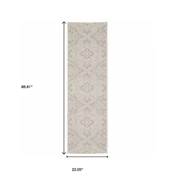 2' X 7' Gray and Ivory Floral Stain Resistant Indoor Outdoor Area Rug