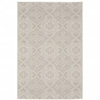 7' X 9' Gray and Ivory Floral Stain Resistant Indoor Outdoor Area Rug