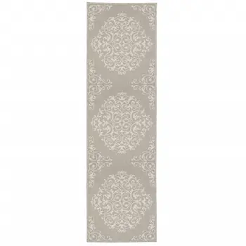 2' X 7' Gray and Ivory Oriental Stain Resistant Indoor Outdoor Area Rug