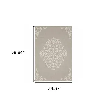 3' X 5' Gray and Ivory Oriental Stain Resistant Indoor Outdoor Area Rug