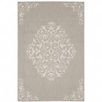 8' X 10' Gray and Ivory Oriental Stain Resistant Indoor Outdoor Area Rug