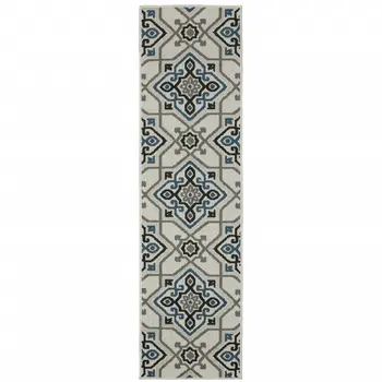 2' X 7' Blue and Beige Oriental Stain Resistant Indoor Outdoor Area Rug