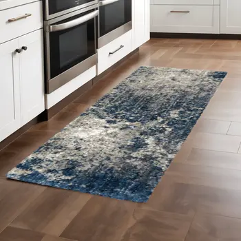 2' X 8' Blue And Grey Abstract Shag Power Loom Stain Resistant Runner Rug