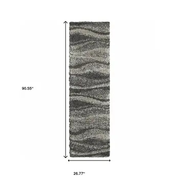 8' Black and Gray Abstract Shag Power Loom Runner Rug