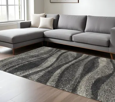 6' X 9' Charcoal Silver And Grey Abstract Shag Power Loom Stain Resistant Area Rug