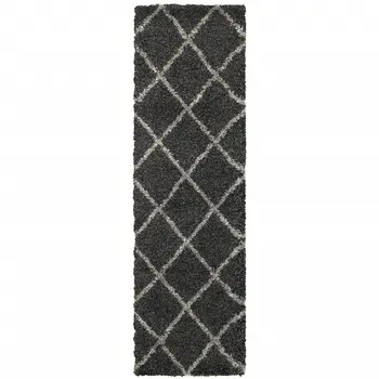 2' X 8' Charcoal And Grey Geometric Shag Power Loom Stain Resistant Runner Rug