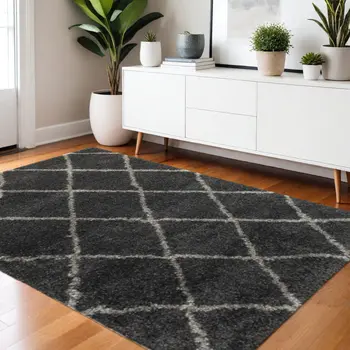 4' X 6' Charcoal And Grey Geometric Shag Power Loom Stain Resistant Area Rug