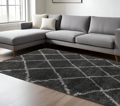6' X 9' Charcoal And Grey Geometric Shag Power Loom Stain Resistant Area Rug