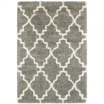 5' X 8' Grey And Ivory Geometric Shag Power Loom Stain Resistant Area Rug