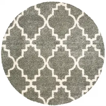 8' Grey Round Geometric Power Loom Stain Resistant Area Rug