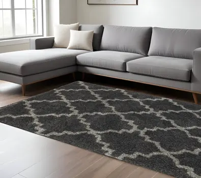 10' X 13' Charcoal And Grey Geometric Shag Power Loom Stain Resistant Area Rug