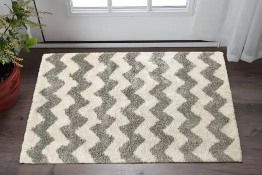 2' X 3' Grey And Ivory Geometric Shag Power Loom Stain Resistant Area Rug