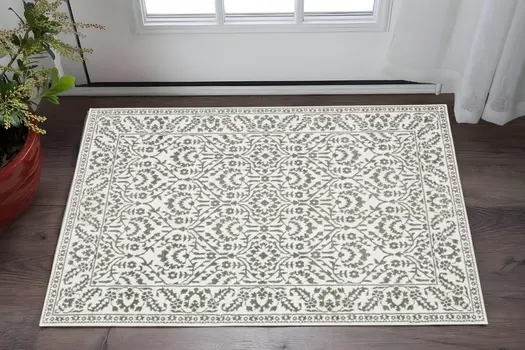 3' X 5' Grey And White Floral Power Loom Stain Resistant Area Rug