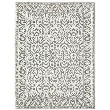7' X 10' Gray And White Floral Distressed Area Rug