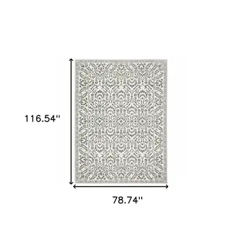 7' X 10' Gray And White Floral Distressed Area Rug