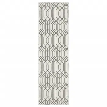 2' X 8' White And Grey Geometric Power Loom Stain Resistant Runner Rug