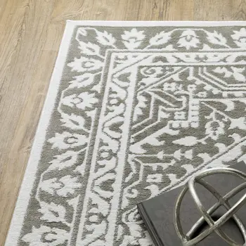 2' X 8' Grey And White Oriental Power Loom Stain Resistant Runner Rug
