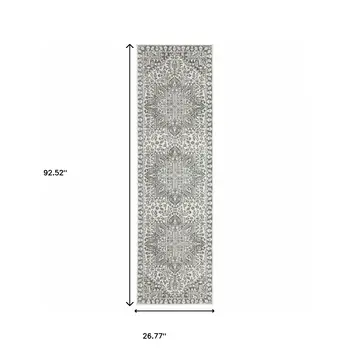 2' X 8' Grey And White Oriental Power Loom Stain Resistant Runner Rug