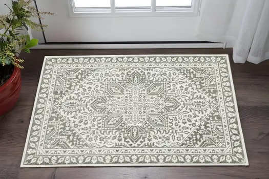 3' X 5' Grey And White Oriental Power Loom Stain Resistant Area Rug