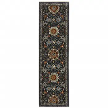 2' X 8' Blue And Ivory Oriental Power Loom Runner Rug With Fringe
