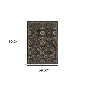 3' X 5' Blue Red Ivory And Gold Oriental Power Loom Stain Resistant Area Rug With Fringe